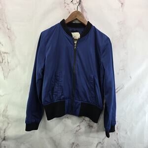 Anthropologie Jacket Women Small Blue Black Bomber Satin Hei Hei Crop Juneworthy